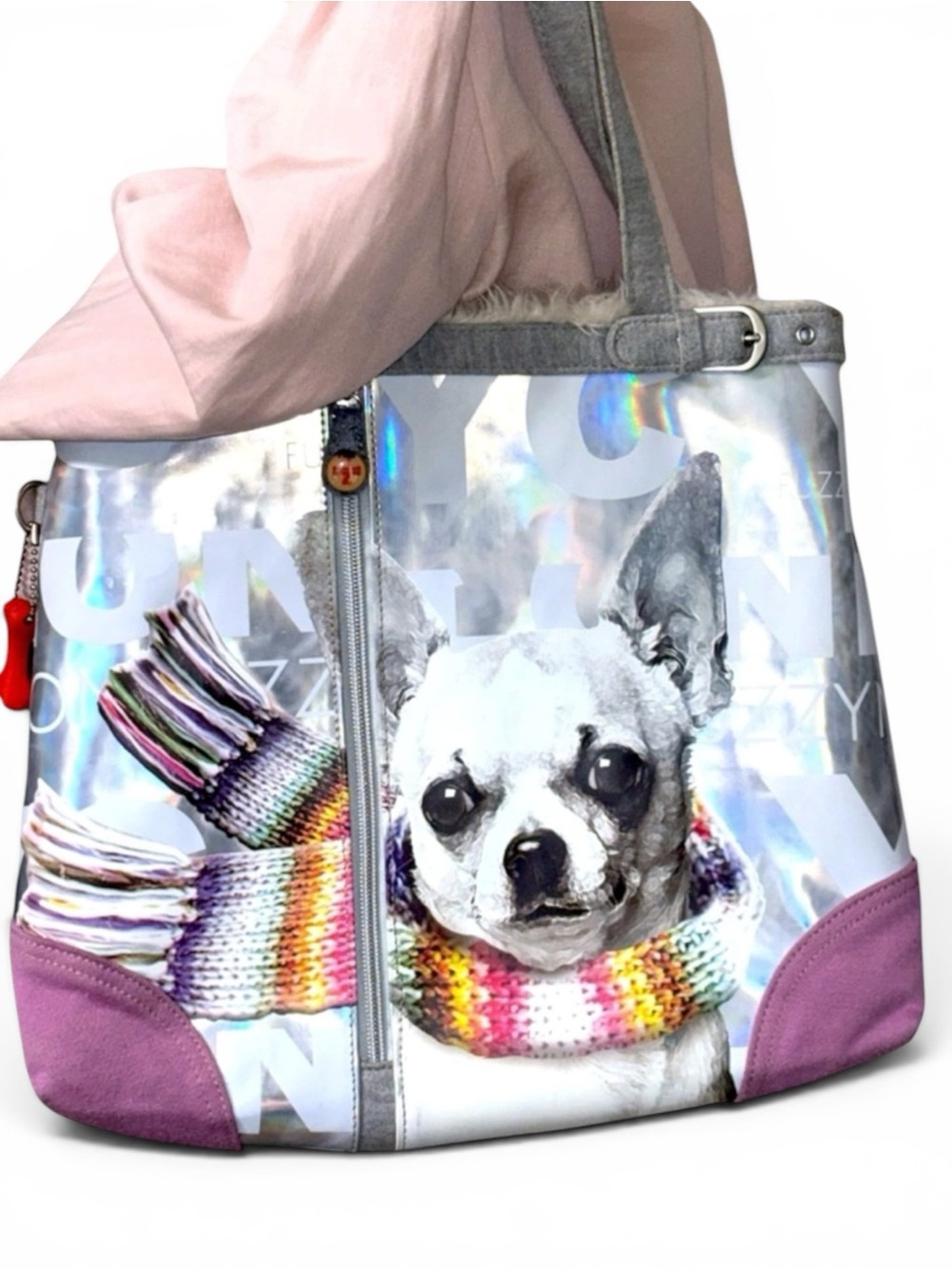Fuzzy Nation Chihuahua Iridescent Shopper Tote Shoulder Bag Purse Pink Gray